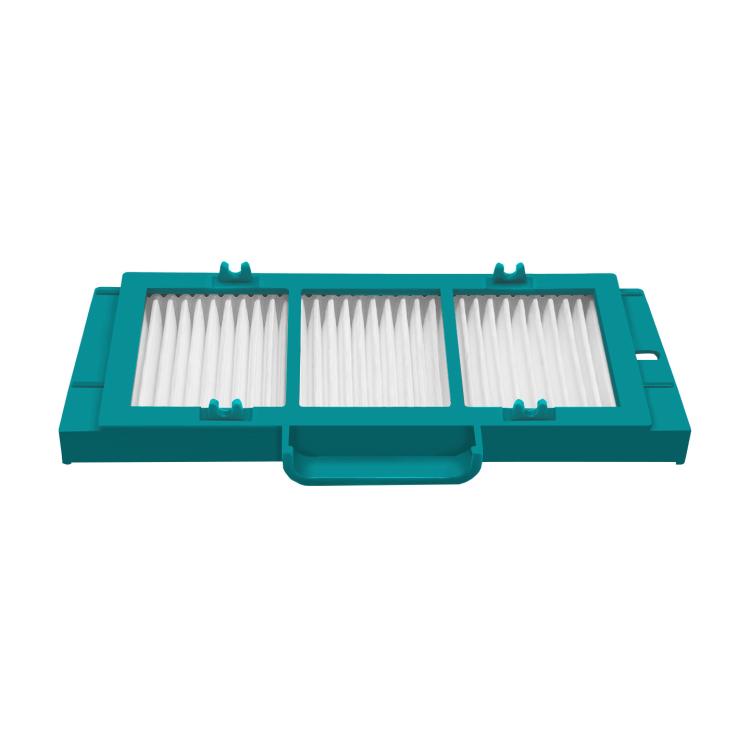 Teal vacuum filter frame with three white pleated filter sections