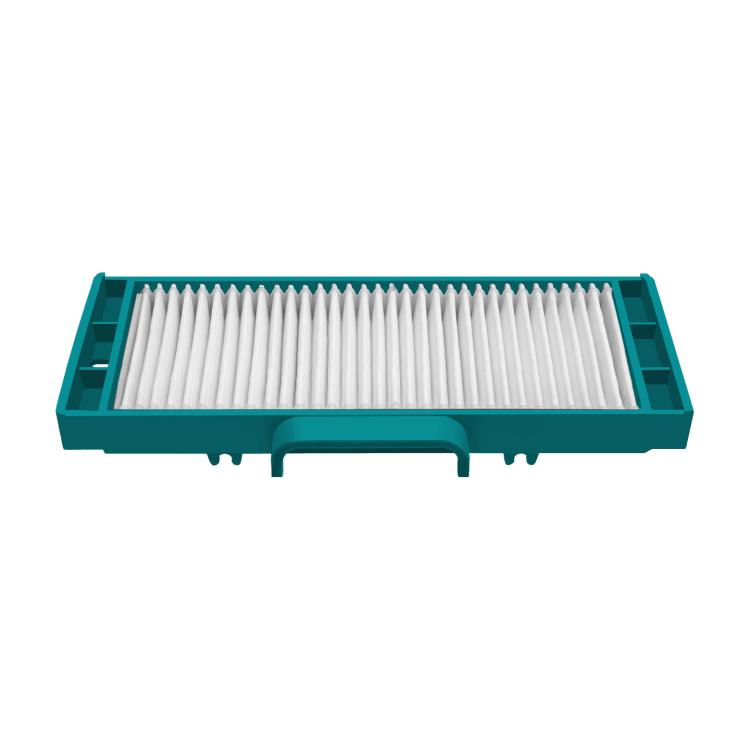 Teal vacuum HEPA filter frame with one long white pleated filter