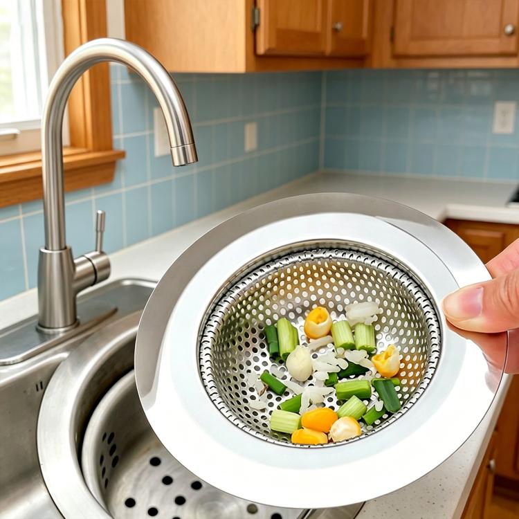 Stainless steel sink strainer with wide rim and perforated mesh basket