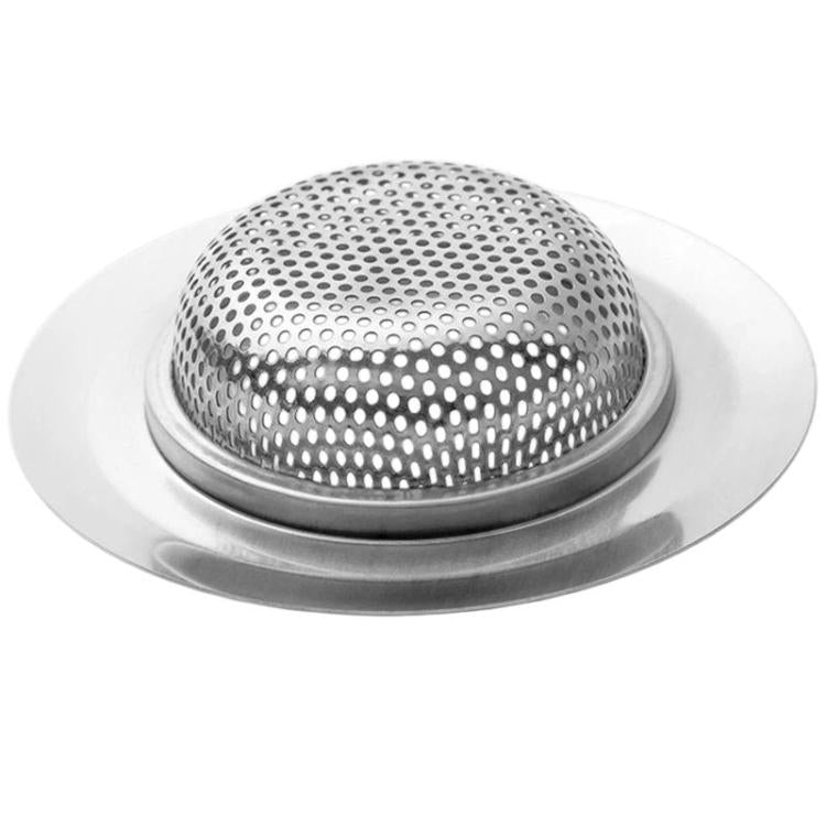 Compact stainless sink drain strainer with domed mesh basket and wide rim