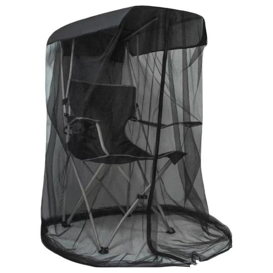 Black mosquito net swing cover with transparent mesh canopy and seated chair inside