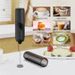 Compact handheld milk frother in black with whisk wire, shown with drink examples