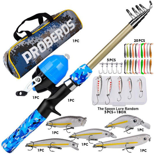 Blue telescopic fishing rod and spincast reel combo with lure kit in carry bag