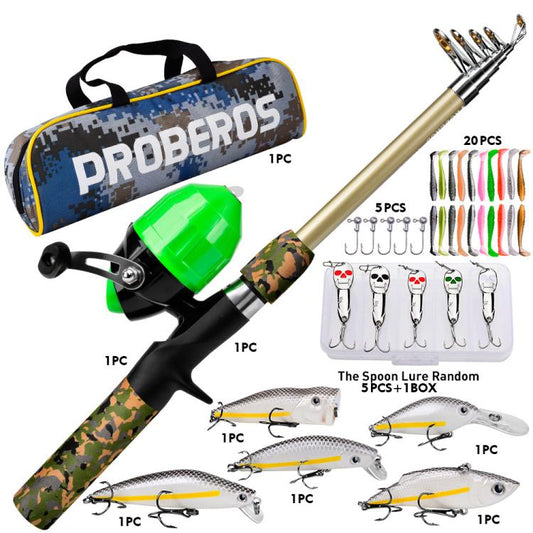 Green telescopic fishing rod and spincast reel combo with camouflage handle and lure kit
