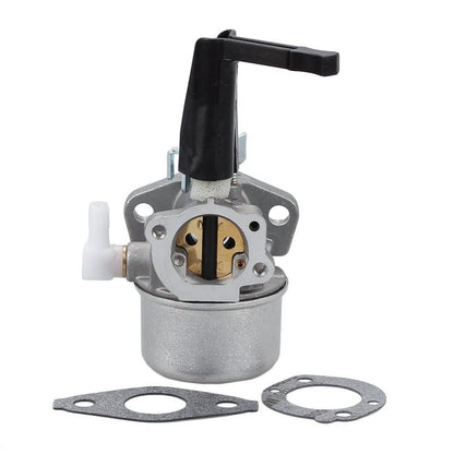 Lawnmower carburetor with metal body, black air intake, and mounting flange gasket