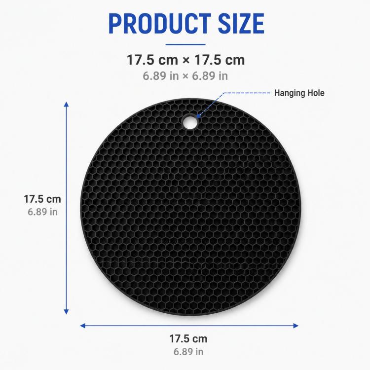 Round black silicone placemat, 17.5 cm honeycomb pattern with hanging hole