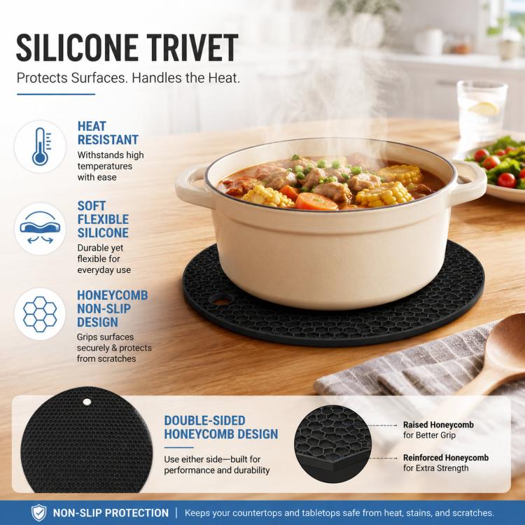 Round black silicone trivet with honeycomb non-slip surface under a hot pot