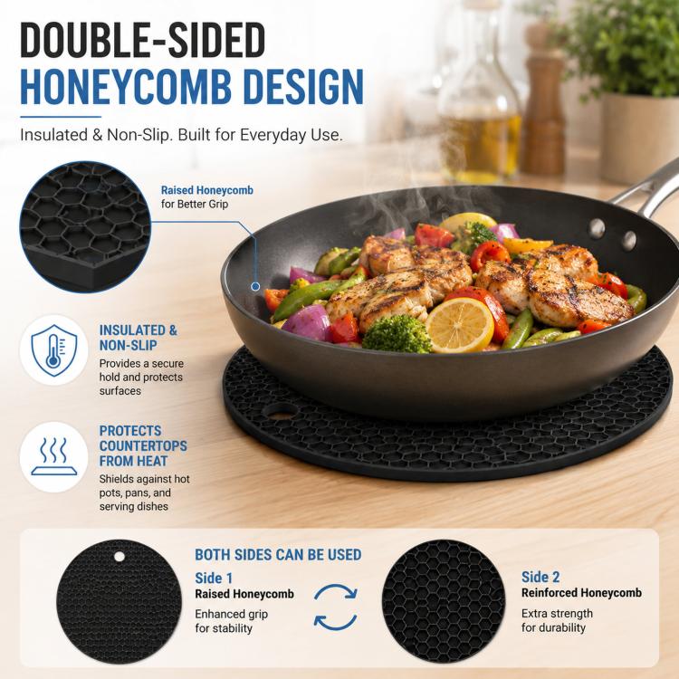 Round black silicone trivet with double-sided honeycomb pattern and non-slip grip