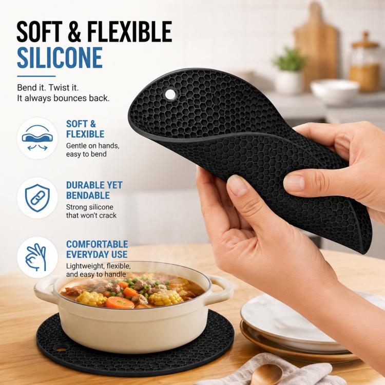 Round black silicone trivet, flexible honeycomb mat with center hanging hole