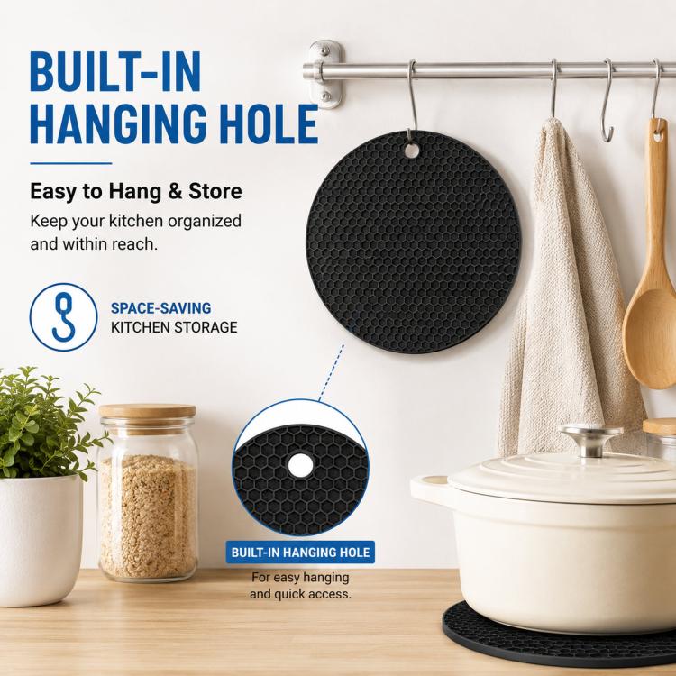 Round black silicone trivet with built-in hanging hole for easy storage