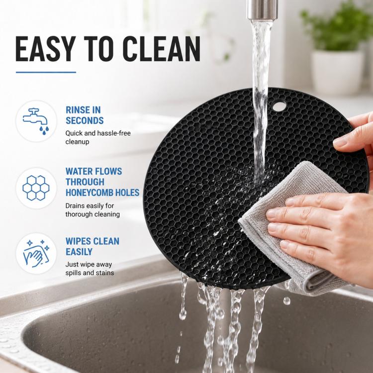 Round black silicone trivet with honeycomb texture for easy rinse-and-wipe cleaning
