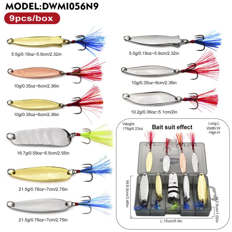 Metal spoon fishing lure set in divided box with feathered treble hooks