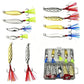 Metal spoon lure assortment with feather tails and treble hooks, plus boxed set