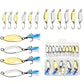 Metal spoon lure set with gold and silver lures, treble hooks, and storage tray