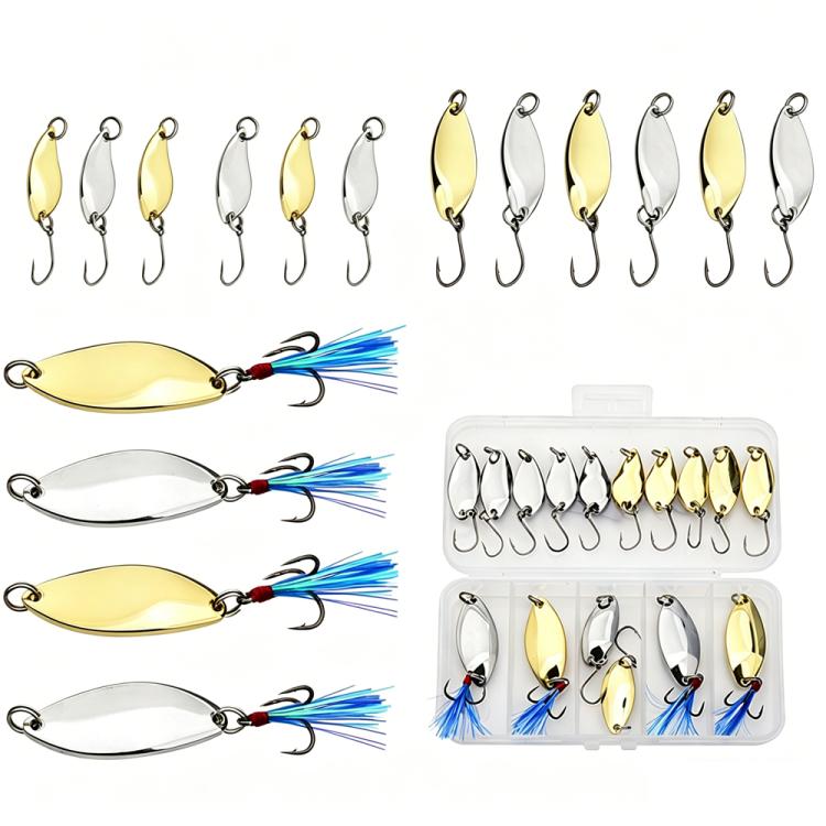 Metal spoon lure set with gold and silver lures, treble hooks, and storage tray