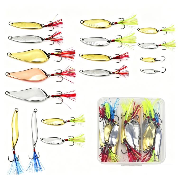 Assorted metal spoon fishing lures with feather tails, treble hooks, and small box