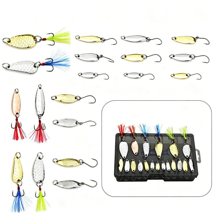 Metal spoon lure set with mixed colors and feathered treble hooks in a case