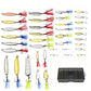 Assorted spoon fishing lures with treble hooks in various colors, plus spare hooks