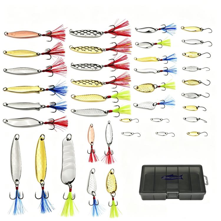 Assorted spoon fishing lures with treble hooks in various colors, plus spare hooks
