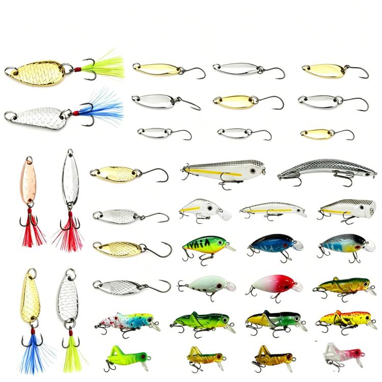 Mixed metal spoon fishing lures with treble hooks in colorful finishes