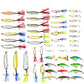 Collection of metal spoon fishing lures with feather tails and treble hooks