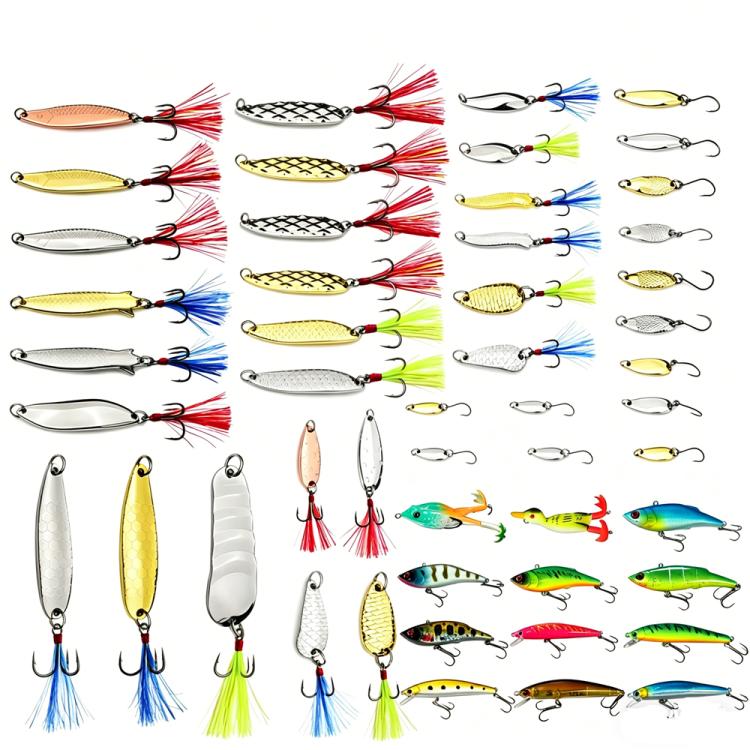 Collection of metal spoon fishing lures with feather tails and treble hooks