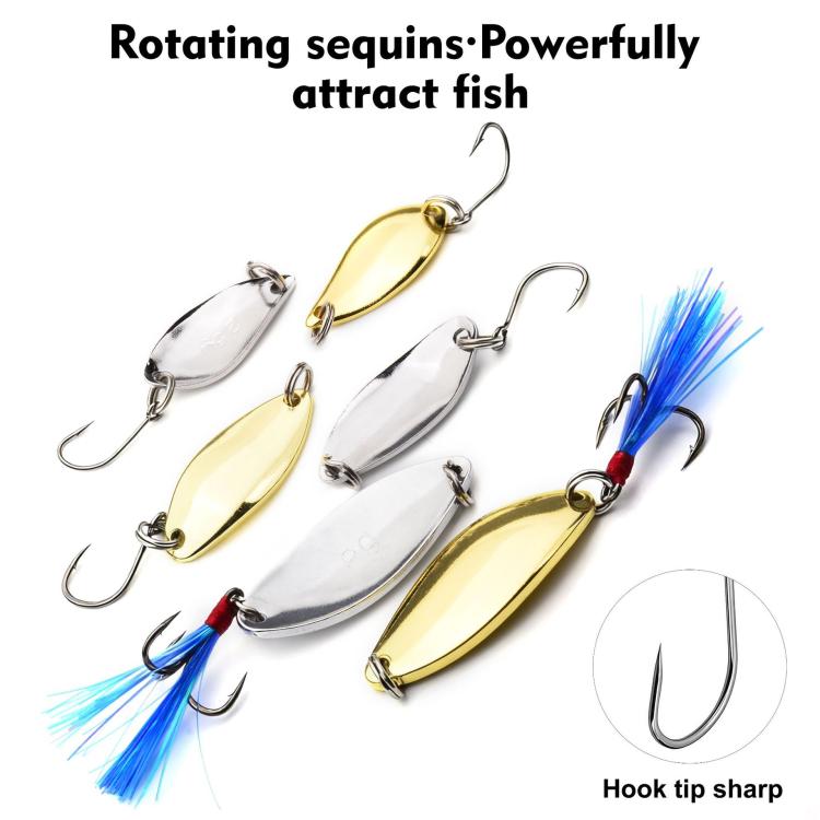 Metal fishing spoon lure set: gold/silver spoons with treble & single hooks, blue feathers