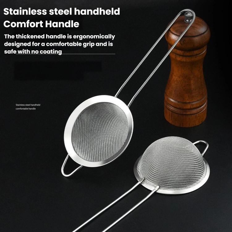 Handheld stainless steel mesh strainer with comfort-grip long handle and hanging loop