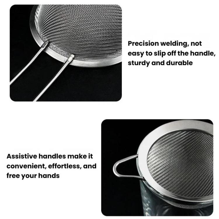 Stainless steel mesh strainer with welded rim and long wire handles, close-up