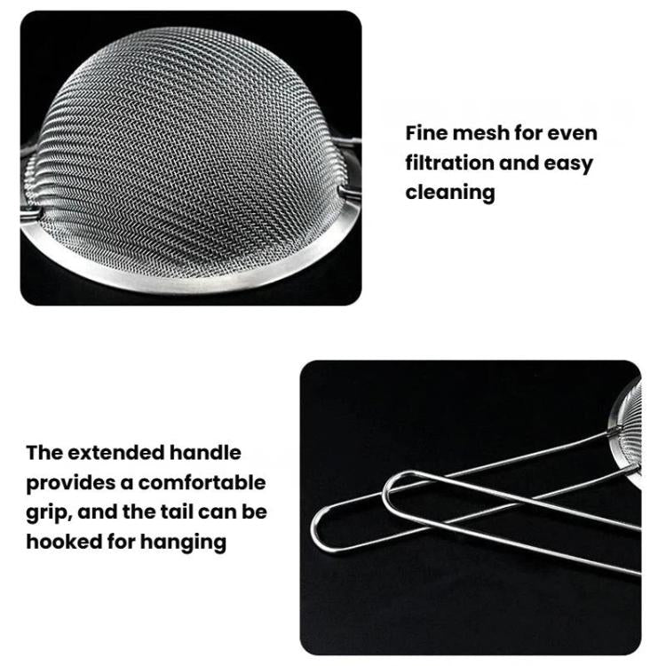 Round stainless steel mesh strainer with fine mesh cup, extended handles and hook