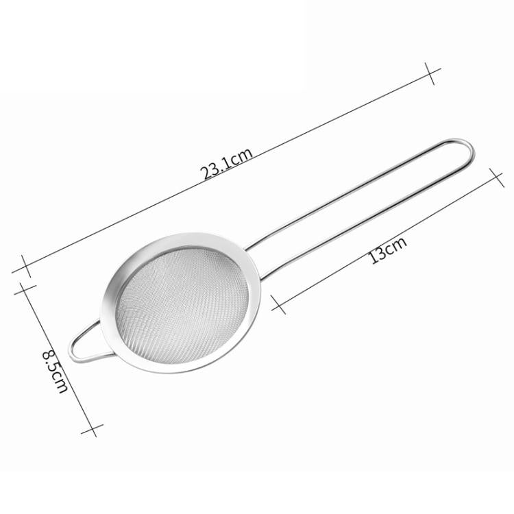 Stainless steel fine-mesh strainer with round basket, long handles and hanging loop