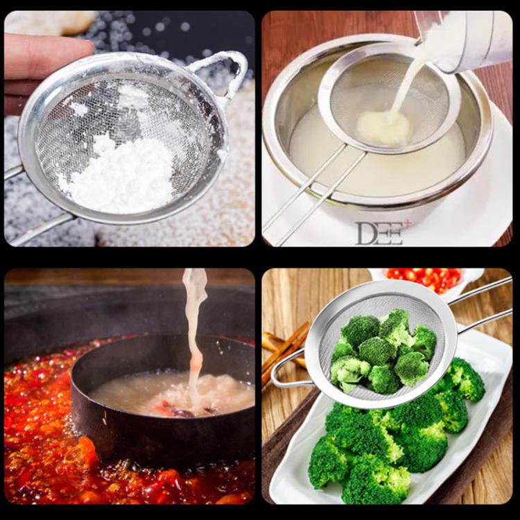 Stainless steel mesh strainer pouring flour powder and straining milk in bowl