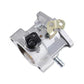 Silver carburetor body with black choke dial, metal bracket, and return spring