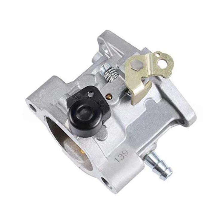 Silver carburetor body with black choke dial, metal bracket, and return spring