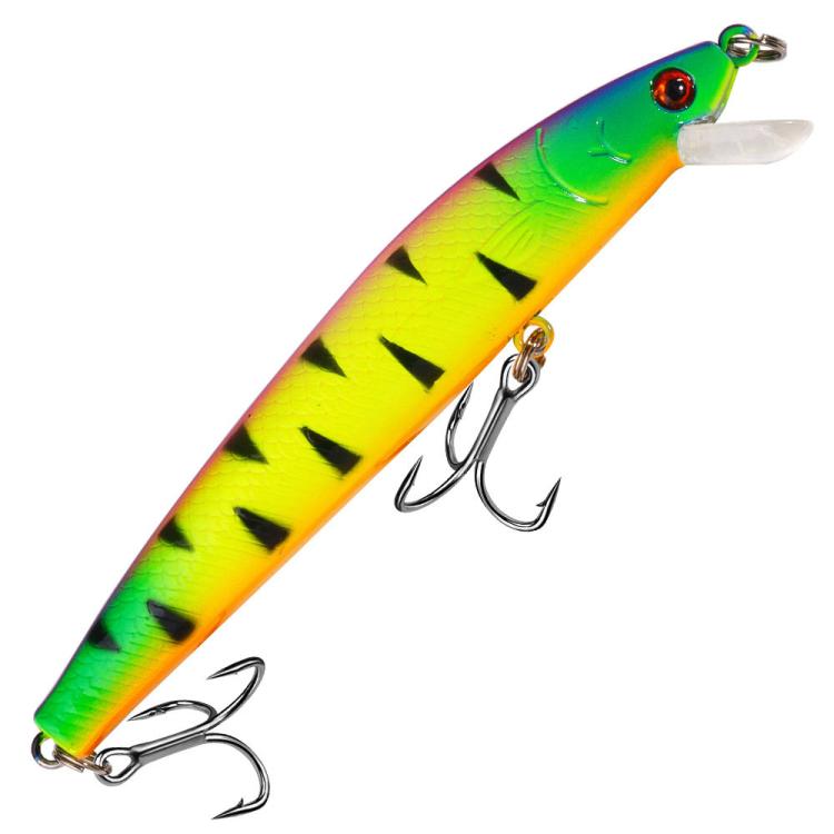 Green-yellow minnow fishing lure with black markings, clear lip, treble hooks