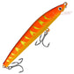 Orange minnow fishing lure with red accents, clear lip, treble hooks