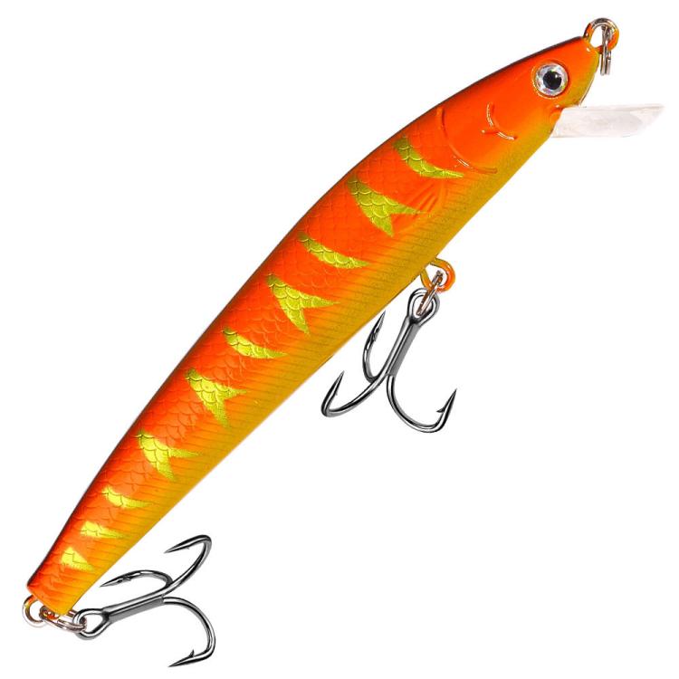 Orange minnow fishing lure with red accents, clear lip, treble hooks