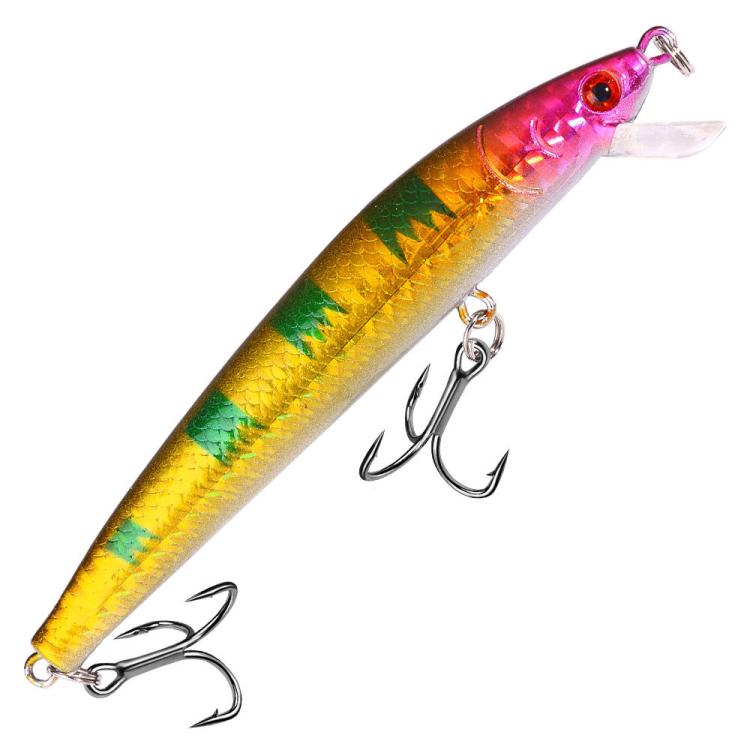 Pink-and-gold minnow fishing lure with dark markings, clear lip, treble hooks