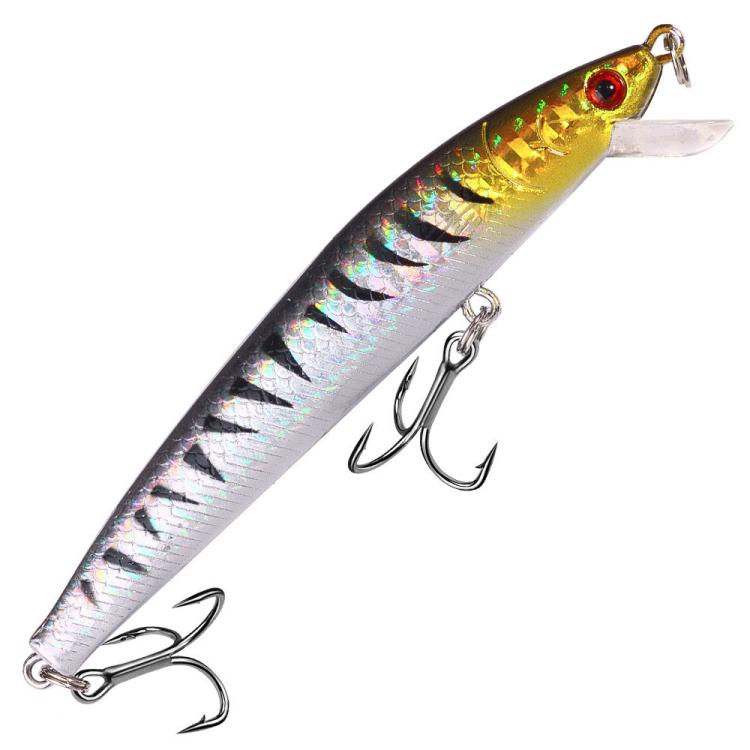 Gold-and-silver minnow fishing lure with dark scale pattern, clear lip, treble hooks