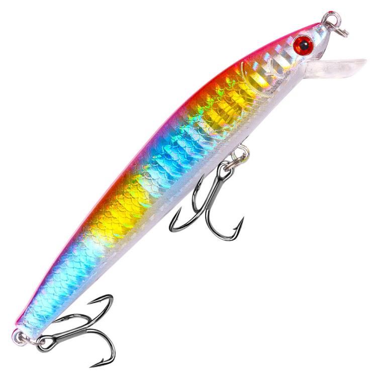 Rainbow minnow fishing lure with blue and gold tones, clear lip, treble hooks