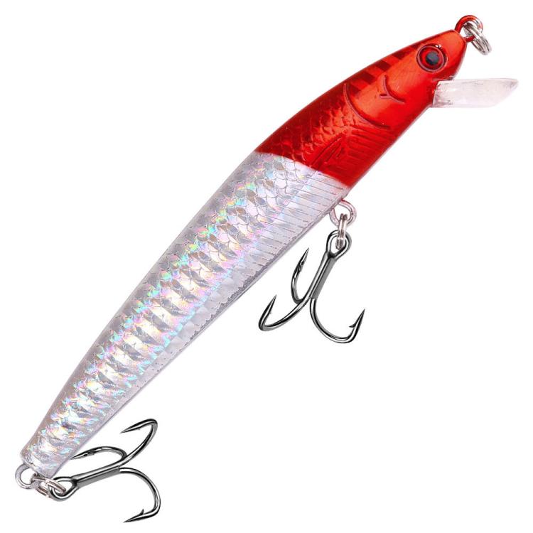 Red-and-silver minnow fishing lure with iridescent scales, clear lip, treble hooks