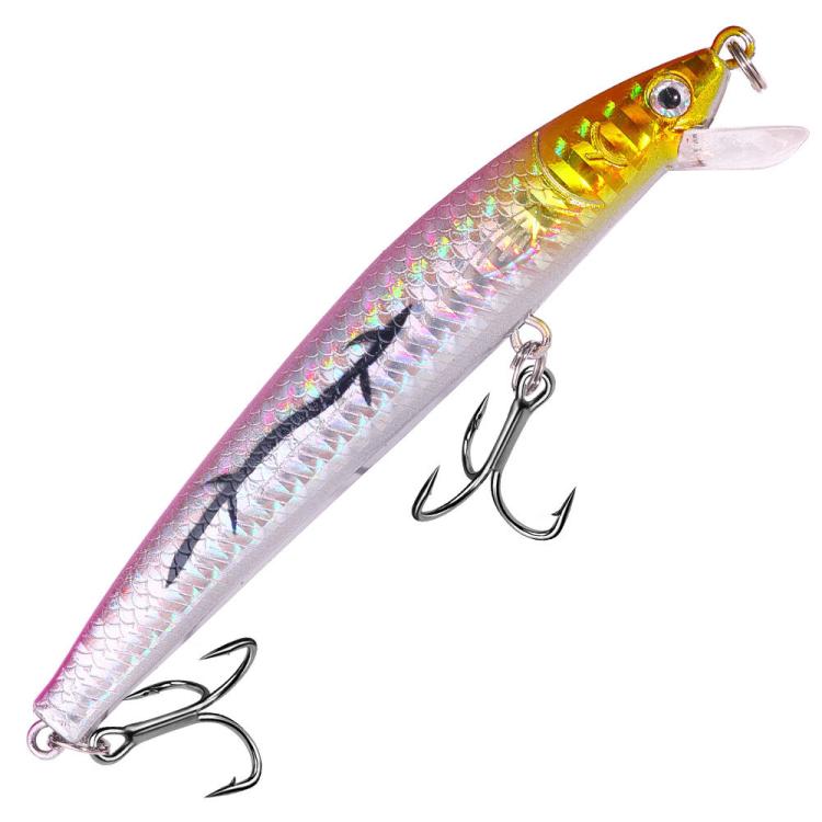 Gold-and-silver minnow fishing lure with iridescent finish, clear lip, treble hooks
