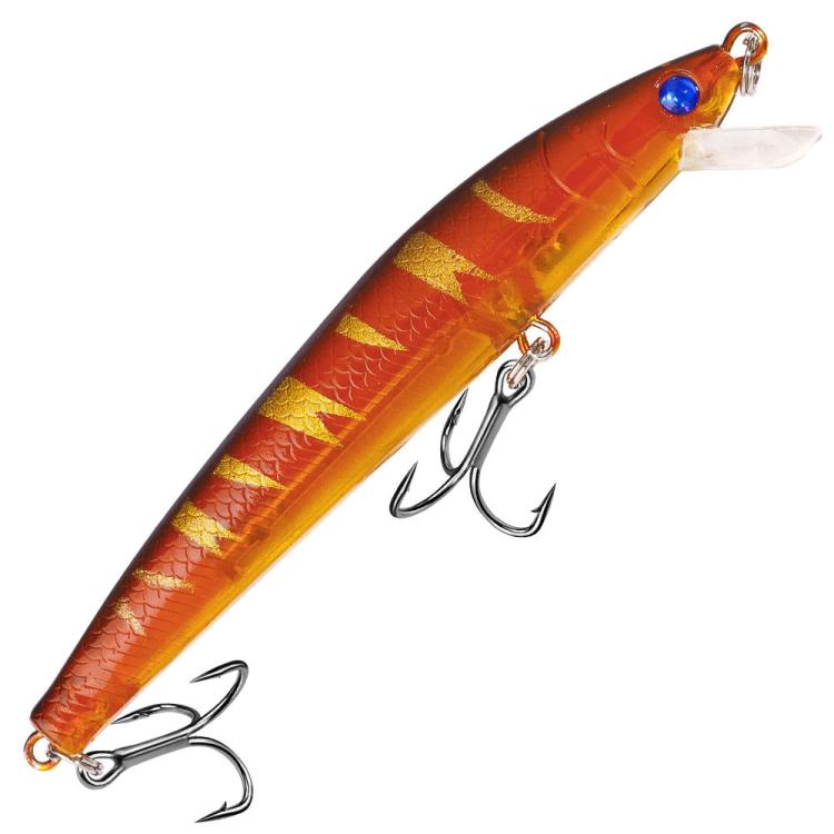 Orange minnow-style drop-shot lure with blue eye and two treble hooks