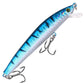 Blue and white minnow-style drop-shot lure with blue eye and two treble hooks