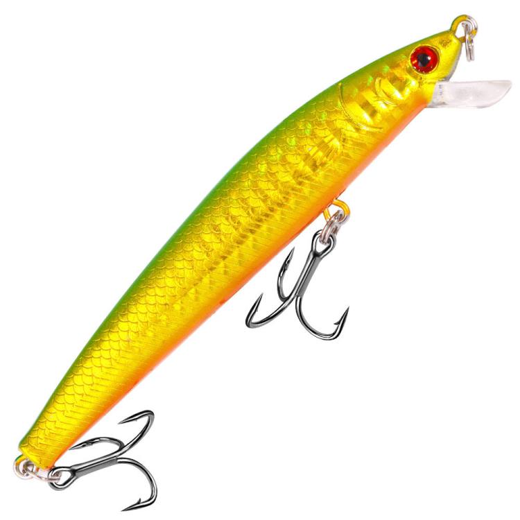 Gold yellow minnow-style drop-shot lure with red eye and two treble hooks