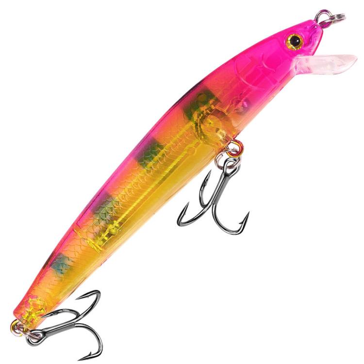Pink and orange minnow-style drop-shot lure with purple eye and two treble hooks