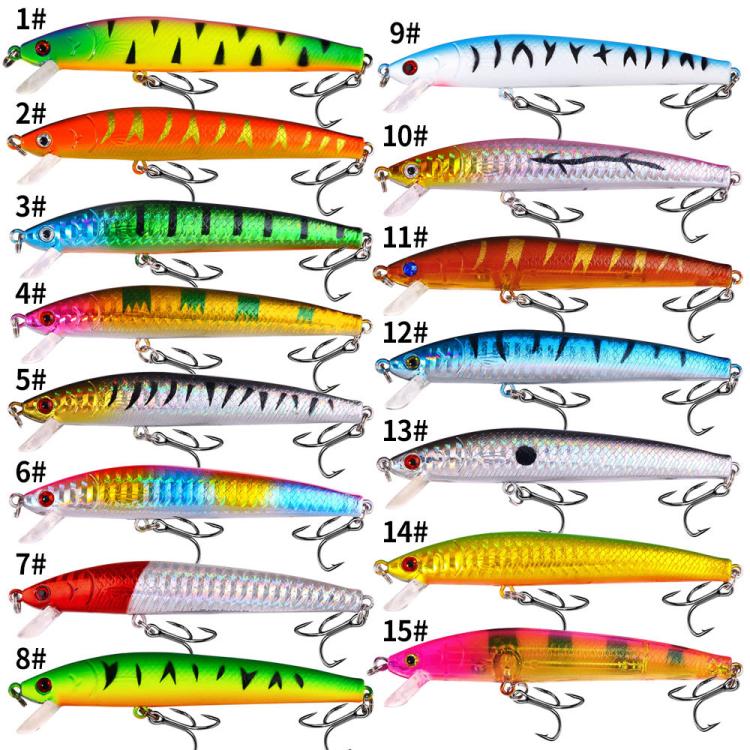 Assorted minnow-style drop-shot lures with treble hooks, shown in color options