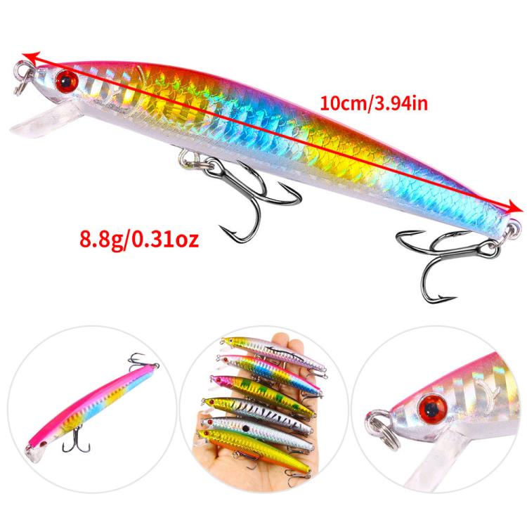 Colorful minnow-style lure with treble hooks and clear tail, with size illustrations