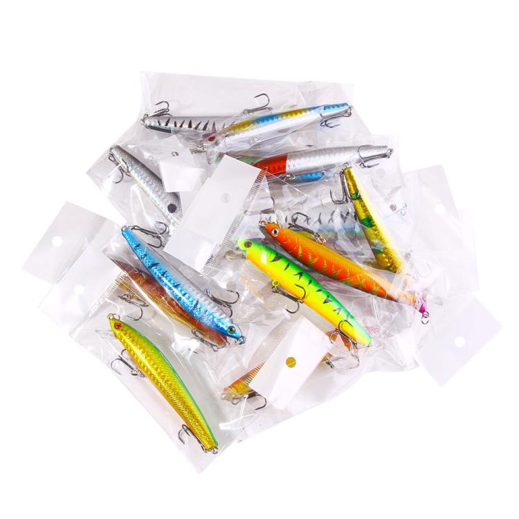 Assorted minnow-style drop-shot lures in clear plastic bags with treble hooks