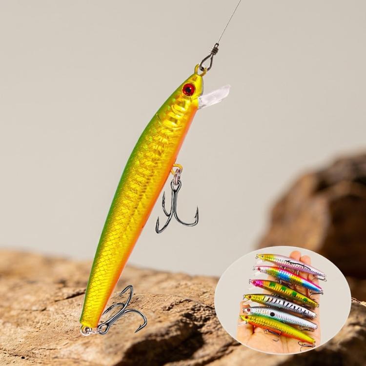 Yellow minnow-style drop-shot lure with red eye and two treble hooks